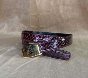 Made in Italy Maroon Snakeskin Leather Belt with Gold Tone Buckle: 32 inches